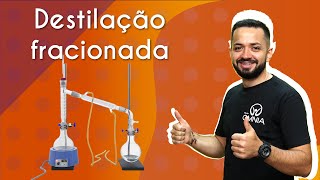 "Destilação fracionada" escrito sobre fundo laranja, ao lado há a imagem do professor fazendo sinal de positivo e um equipamento de laboratório