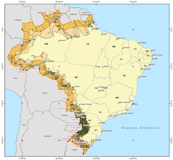 Mapa do IBGE com os países que fazem fronteira com o Brasil.
